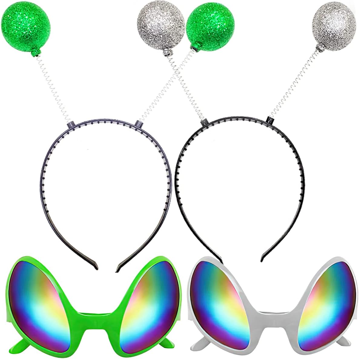 2 Pairs Alien Headband and Glasses,Alien Rainbow Lens Sunglasses,Headband Boppers Antenna for Adults and Kids