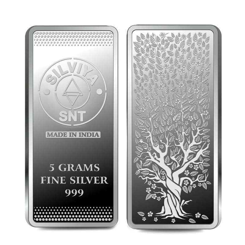 Silviya BIS Hallmarked Unique & Beautiful Silver Coin - 999 Pure with Banyan Tree & Peacock Design - (10g, 20g, 50g) - Ideal for Home Decor & Gifting (5 Gram Bar)