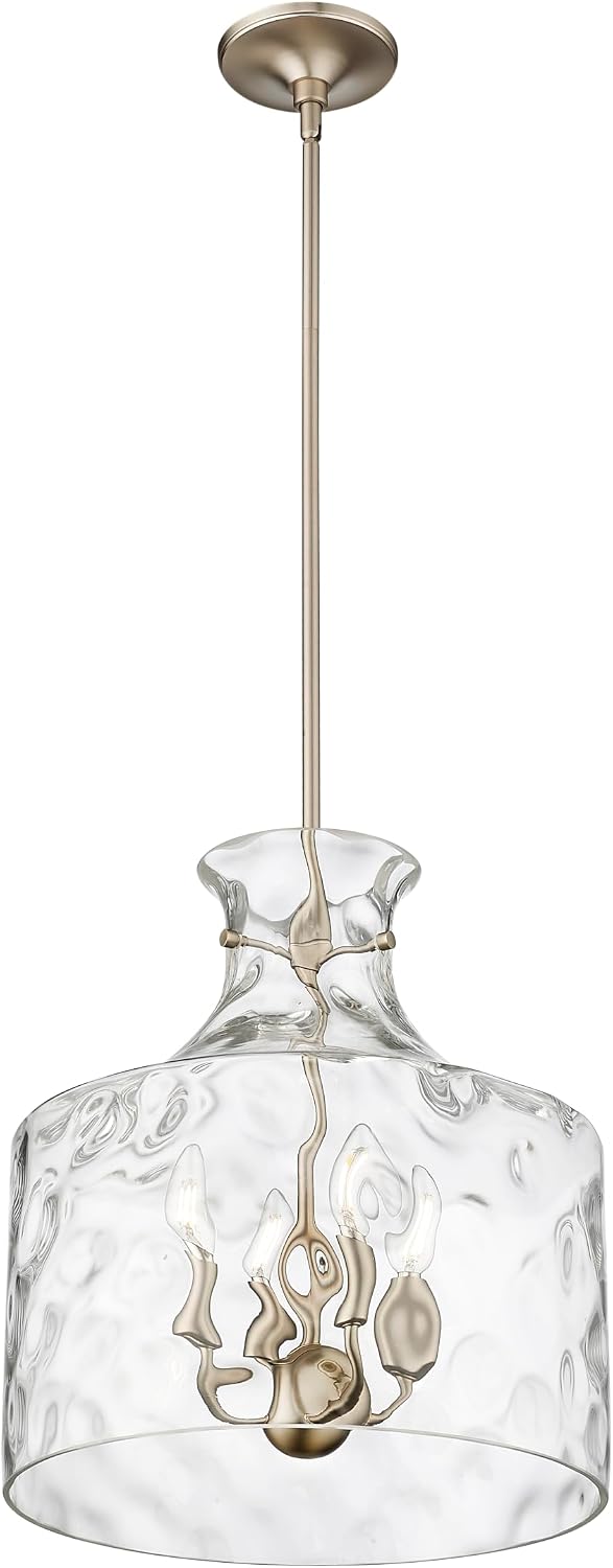 ML Lighting | Santorini Collection | 22604-MG | Indoor 4 Light Metal Pendant in Modern Gold with Water Glass Shade | Kitchens, Dining Rooms, Living Rooms, Entryways, Hallways