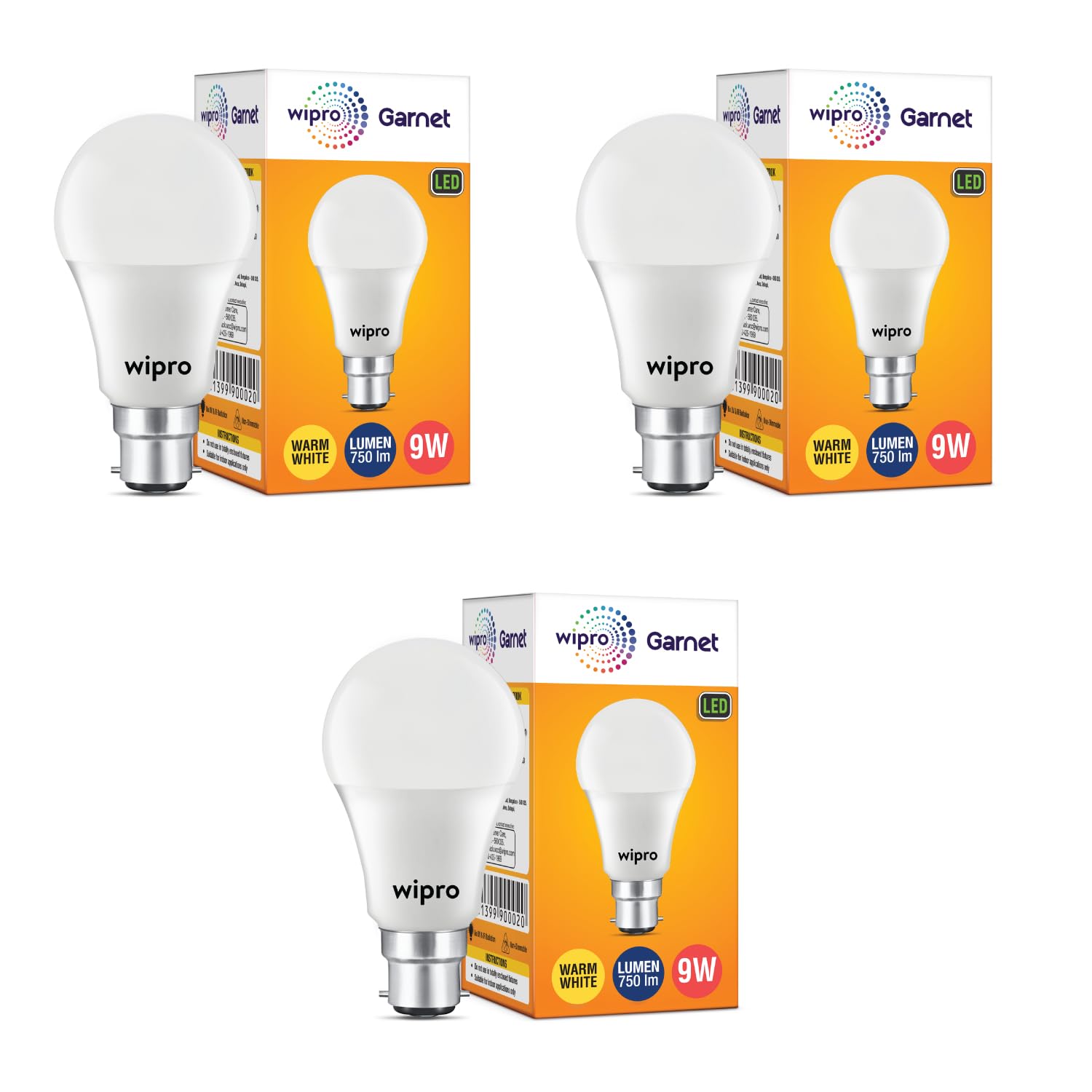wipro Garnet 9W LED Bulb for Home & Office |Warm White (2700K) | B22 Base|220 Degree Light Coverage |4Kv Surge Protection |400V High Voltage Protection |Energy Efficient | Pack of 3