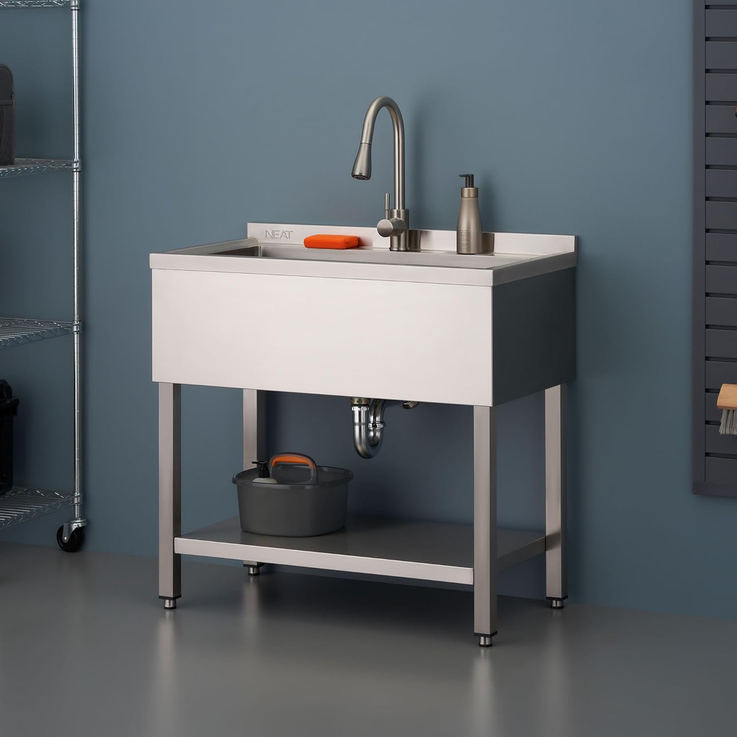 EcoStorage Stainless Steel Utility Sink, Oversized Freestanding Single Bowl Utility Sink, Pull-Out Faucet, Garage, Laundry Room, Business, NSF Certified, 36"W x 20"D x 50"H (NHA-0322)
