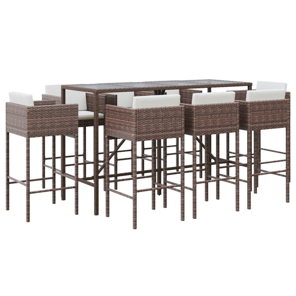 Juego de bar de jardín con cojines de ratán marrón compuesto por mesa alta y taburetes con reposapiés, respaldo y reposabrazos