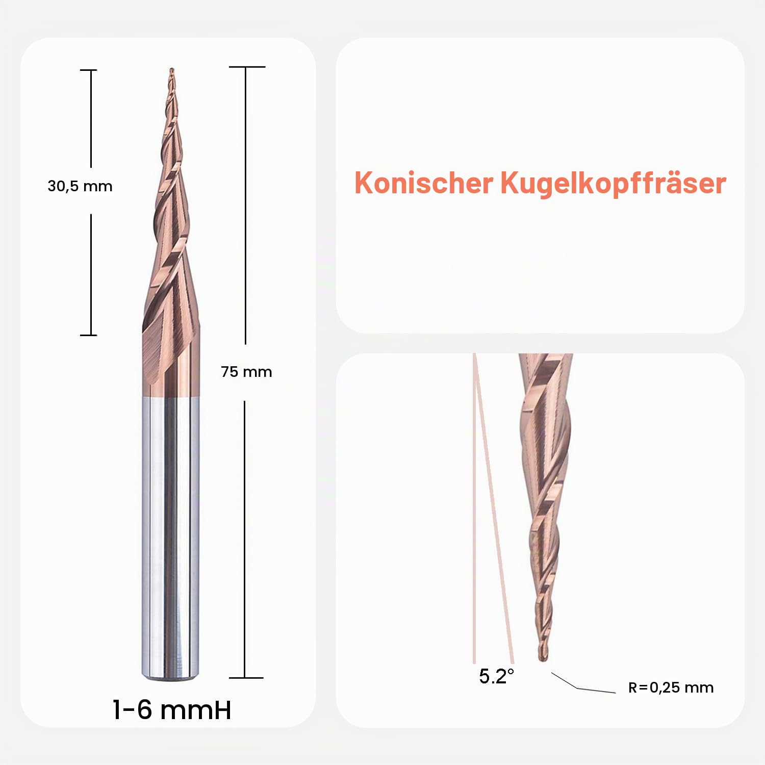 SpeTool Kugelkopffräser Konische Fräser für Oberfräse CNC 2 Flöten 0,25 mm Radius VHM Gravierfräser 6mm Schaft mit HSi Beschichtung Schaftfräser für 2D und 3D Gravur