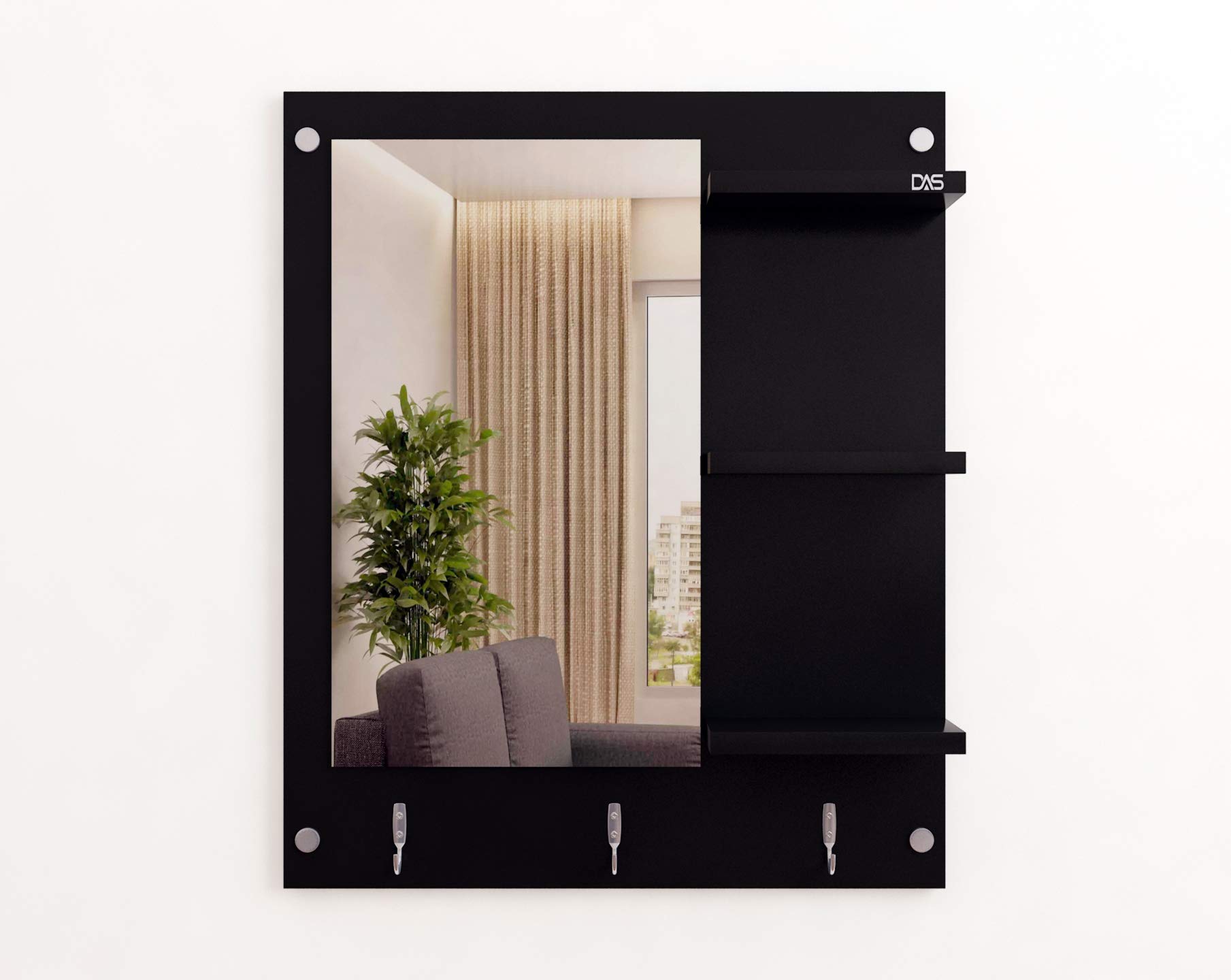 DAS Wall Mount Makeup Vanity Dresser Dressing Mirror/Glass/Table and Multipurpose Rack Shelves with Elegant Double Stainless Steel Hooks (Black)- Evelyn 2
