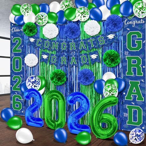 Image of Graduation Party Decorations Class of 2026, Graduation Decorations with Congrats Grad Banner Fringe Foil Curtain Paper Flower Ball Balloons for High School College Grad Party Supplies, Blue Green