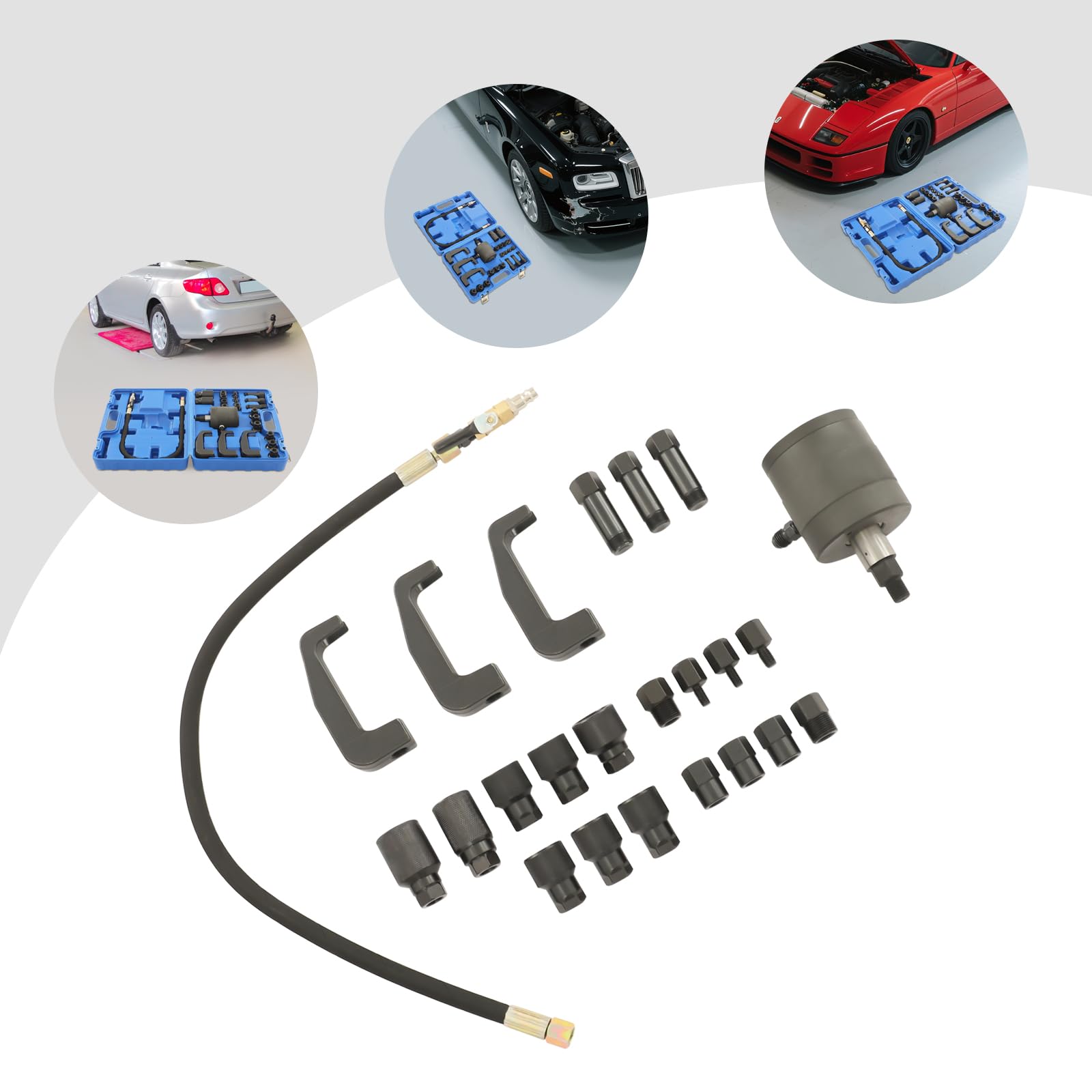 Estrattore iniettore, iniettore pneumatico diesel, set completo con 19 adattatori, 3 ganci estraibili e martello pneumatico, per Bosch/Delphi/Denso/Siemens (blu/nero)