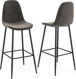 COSTWAY Bar Stools Set of 2, Soft Velvet Upholstered Dining Chairs with Backrests, Footrests and Metal Legs, High Back Breakfast Counter Height Stools for Kitchen Island, Restaurant, Pub (Grey)