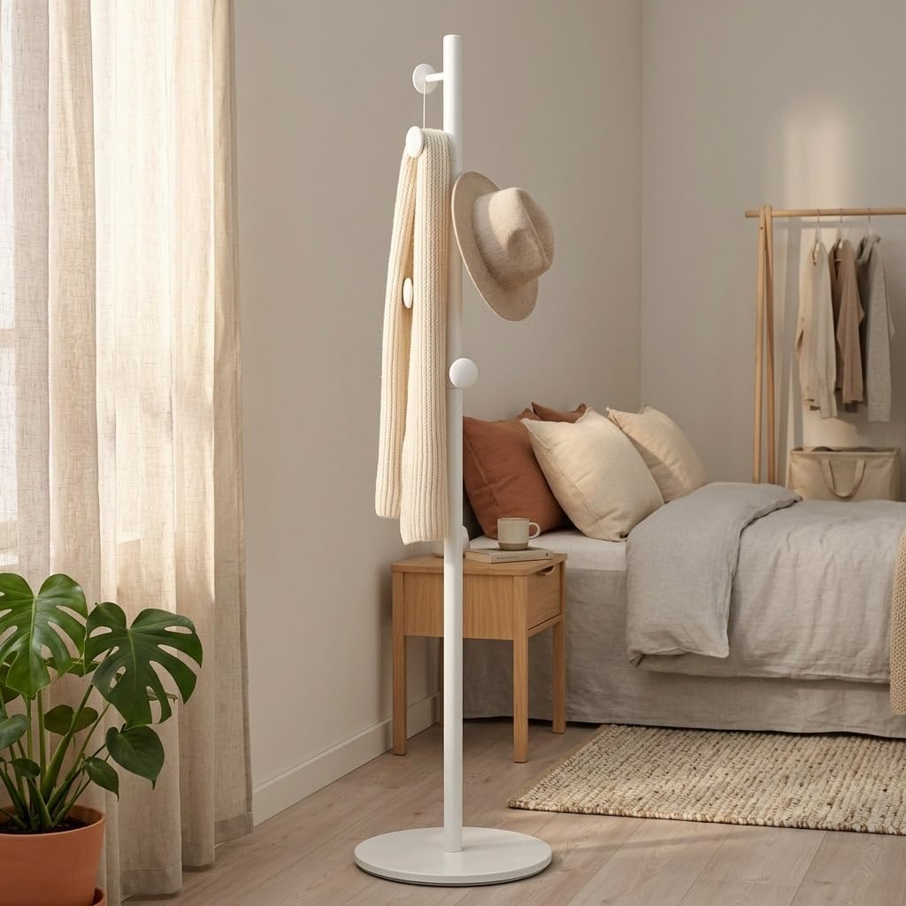 MAKA Appendiabiti da Terra Jerry Bianco in Metallo Alto 173 cm, Attaccapanni Piantana Moderno Minimalista con Base Circolare da 37 cm e Ganci su Più Livelli per Giacche Cappotti Borse, 37x37x173 cm