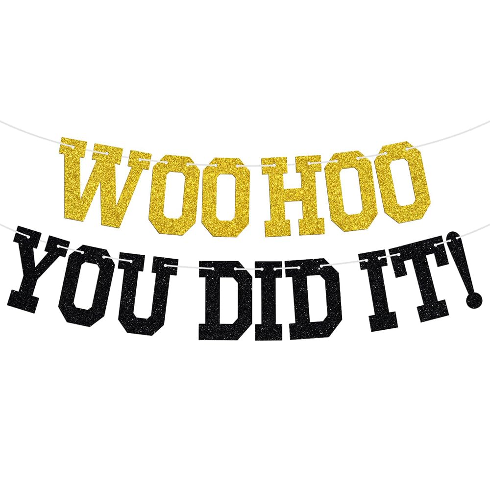 Woohoo You Did It Banner - Congrats Grad Sign, So Proud of You, 2026 High School/College Graduation Party Decorations Supplies, Black and Gold Glitter