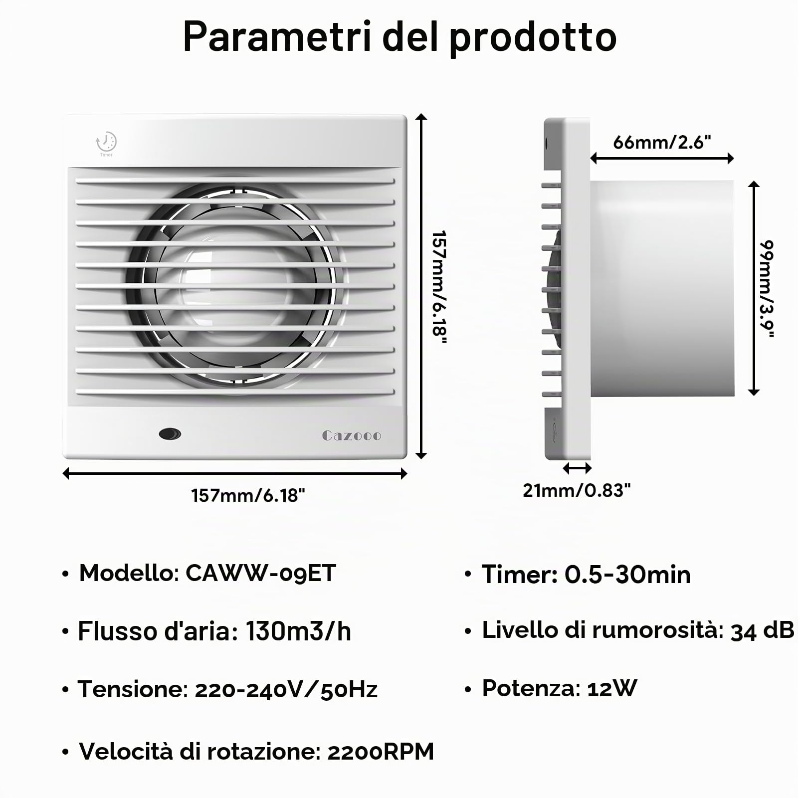 Ventola aspirante da bagno con timer, 100 mm, silenziosa, 130 m³/h, da parete/finestra, per cucina, garage, ufficio, 12 W, 34 dB, bianco