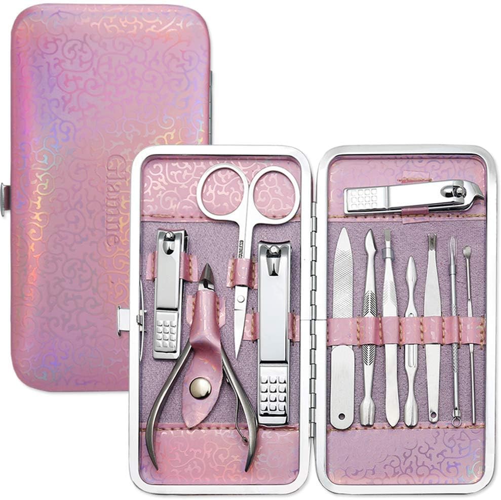 Manicure Pedicure Set Tools Professional Stainless Steel Nail Care Kits with Holographic Travel Case(Pink)