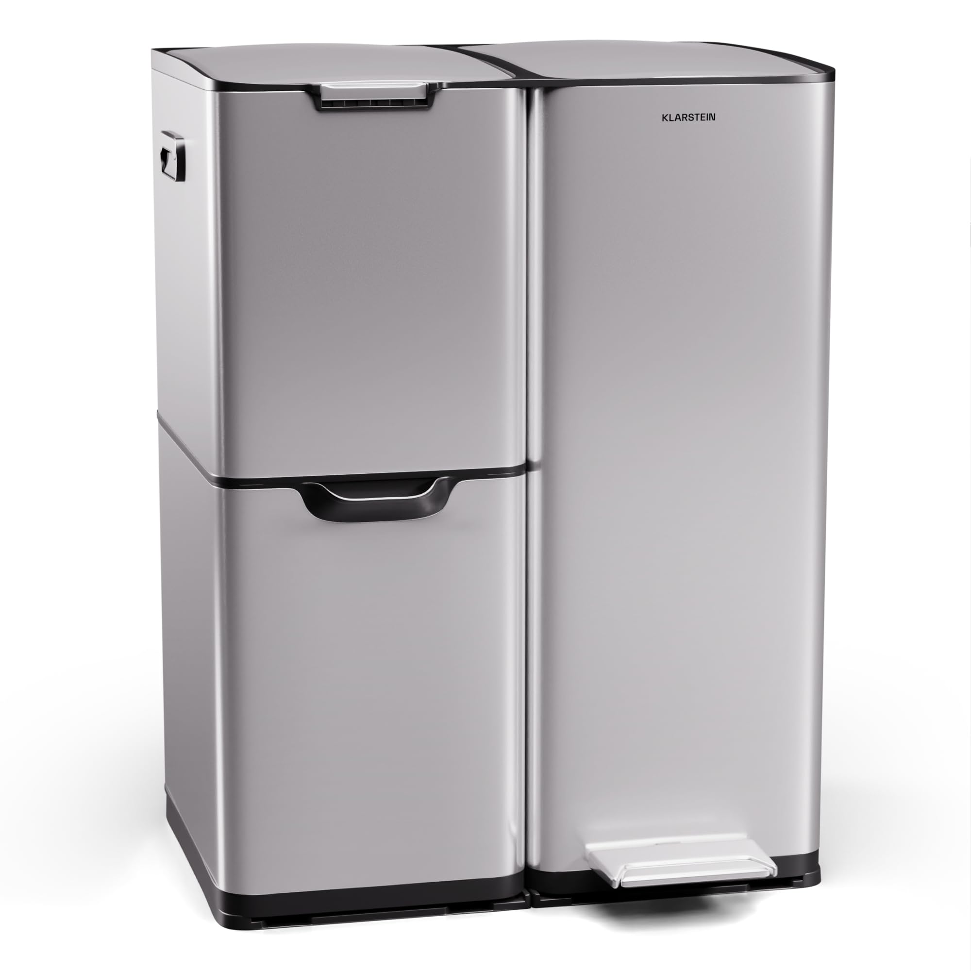 Klarstein Tiyo 3-in-1 Mülleimer - 60L Küchen-Abfalleimer mit Pedale & Soft-Close-Deckel, Edelstahl, herausnehmbare Eimer, Trennsystem, Aufkleber