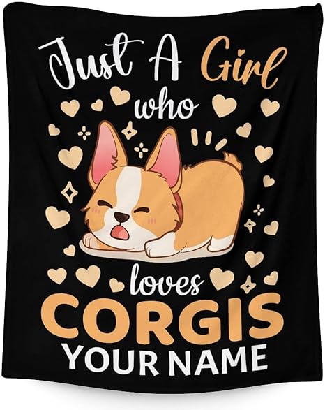 Personalized Corgi Blanket Gifts with Name - 50"x60" Cute Throw for Adults, Kids - Black Soft Fuzzy Blankets for Bed, Couch & Living Room