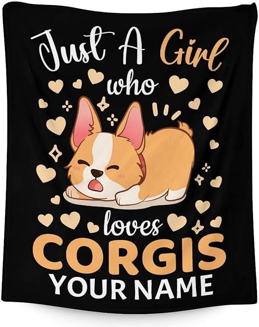 Personalized Corgi Blanket Gifts with Name - 50"x60" Cute Throw for Adults, Kids - Black Soft Fuzzy Blankets for Bed, Couch & Living Room