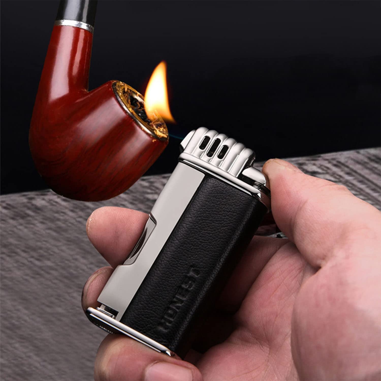 Briquet à Pipe Flamme Douce avec 3 Outils de Cure-Pipe Tube en Métal Briquet Rechargeable Au Butane Cadeau pour Hommes Fumeurs
