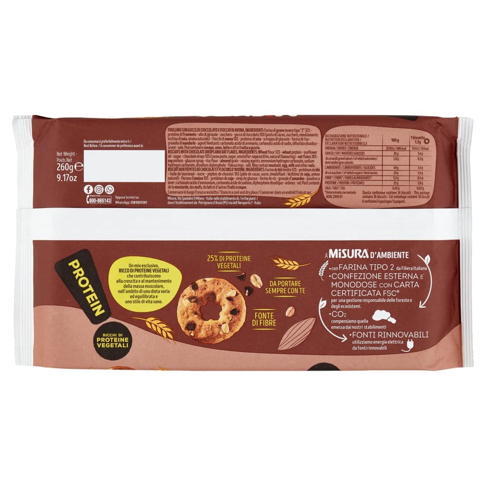 Misura Protein,Galletas de proteínas con gotas de chocolate y avena, Ricas en proteínas vegetales, 260 g + Italian Gourmet Polpa di Pomodoro 400 g en lata