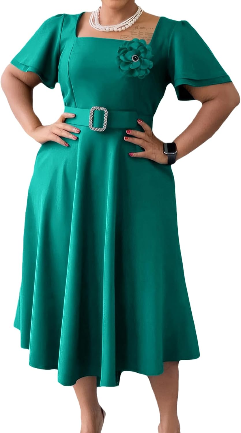 Elainone Women's Ruffle Short Sleeve Swing A Line Dress Party Wedding Guest Dressy Semi Formal Business Casual Dresses