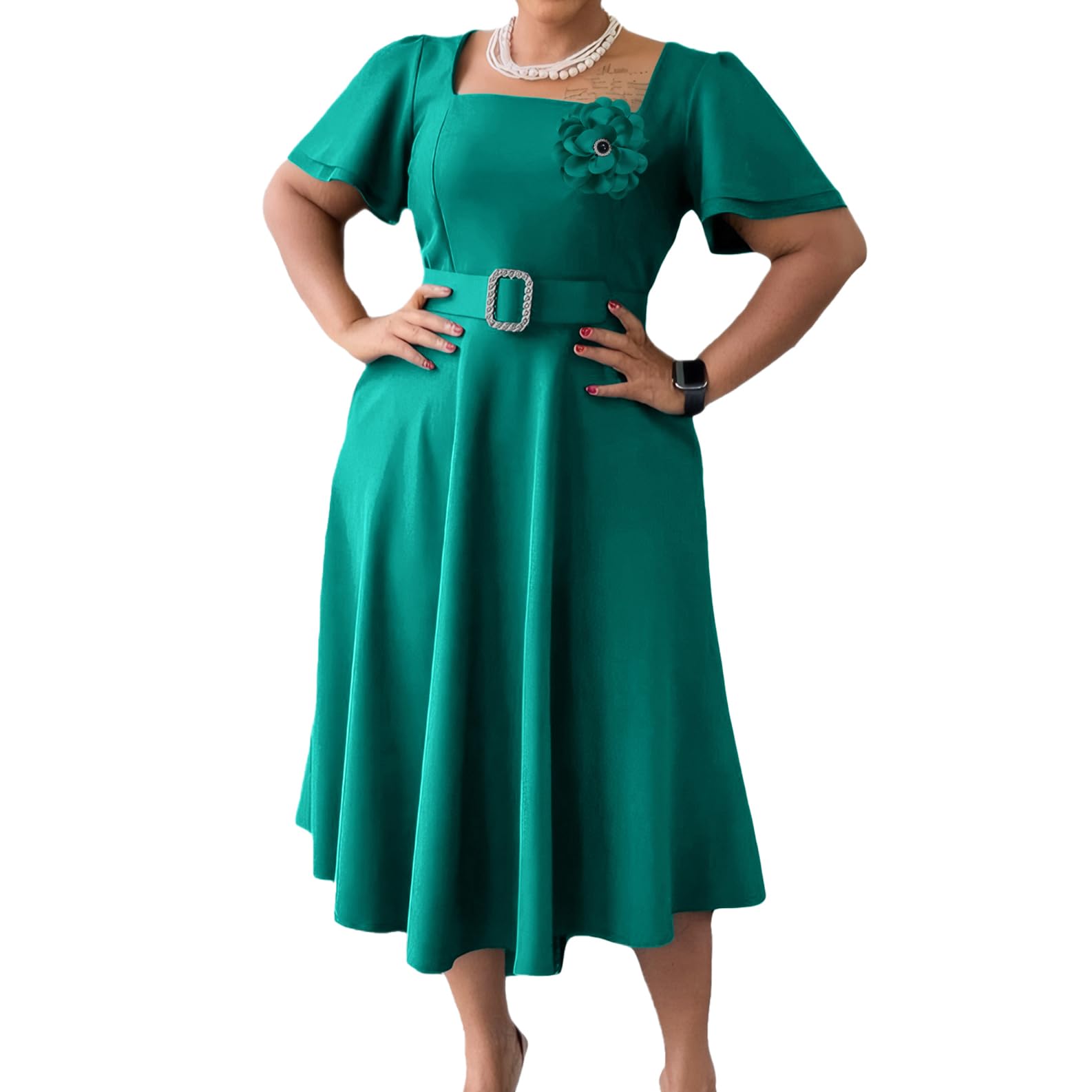 Elainone Women's Ruffle Short Sleeve Swing A Line Dress Party Wedding Guest Dressy Semi Formal Business Casual Dresses