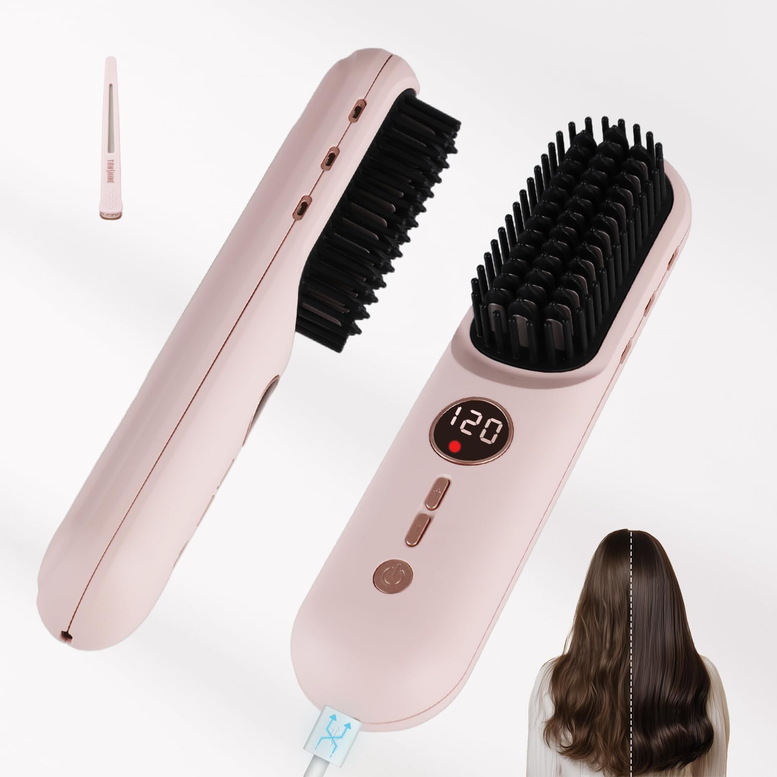 TANSHINE Cordless Hair Straightener Brush for Women, 6000mAh Flat Iron Comb, 3 Heat to 410°F, Ionic Ceramic Anti-Scald, USB-C, LCD, 30min Auto-Off, Travel Portable, Pink