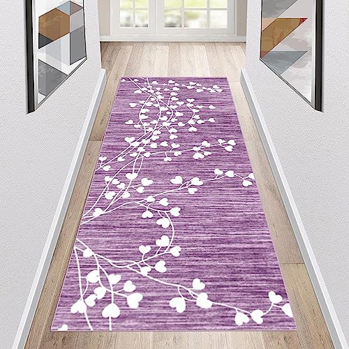 Siunwdiy Tapis Cuisine Devant Evier 40x160cm Violet Clair Antidérapant et Lavable -Tapis Couloir Long Moderne Motif de Feuilles Blanches, d Entree Interieur,...