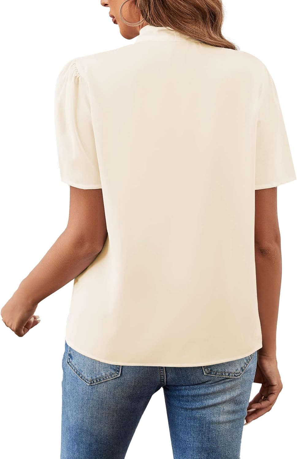 Rooscier Women's Bow Tie Knot Mock Neck Short Sleeve Elegant Workwear Blouse Shirt Top - Image 2