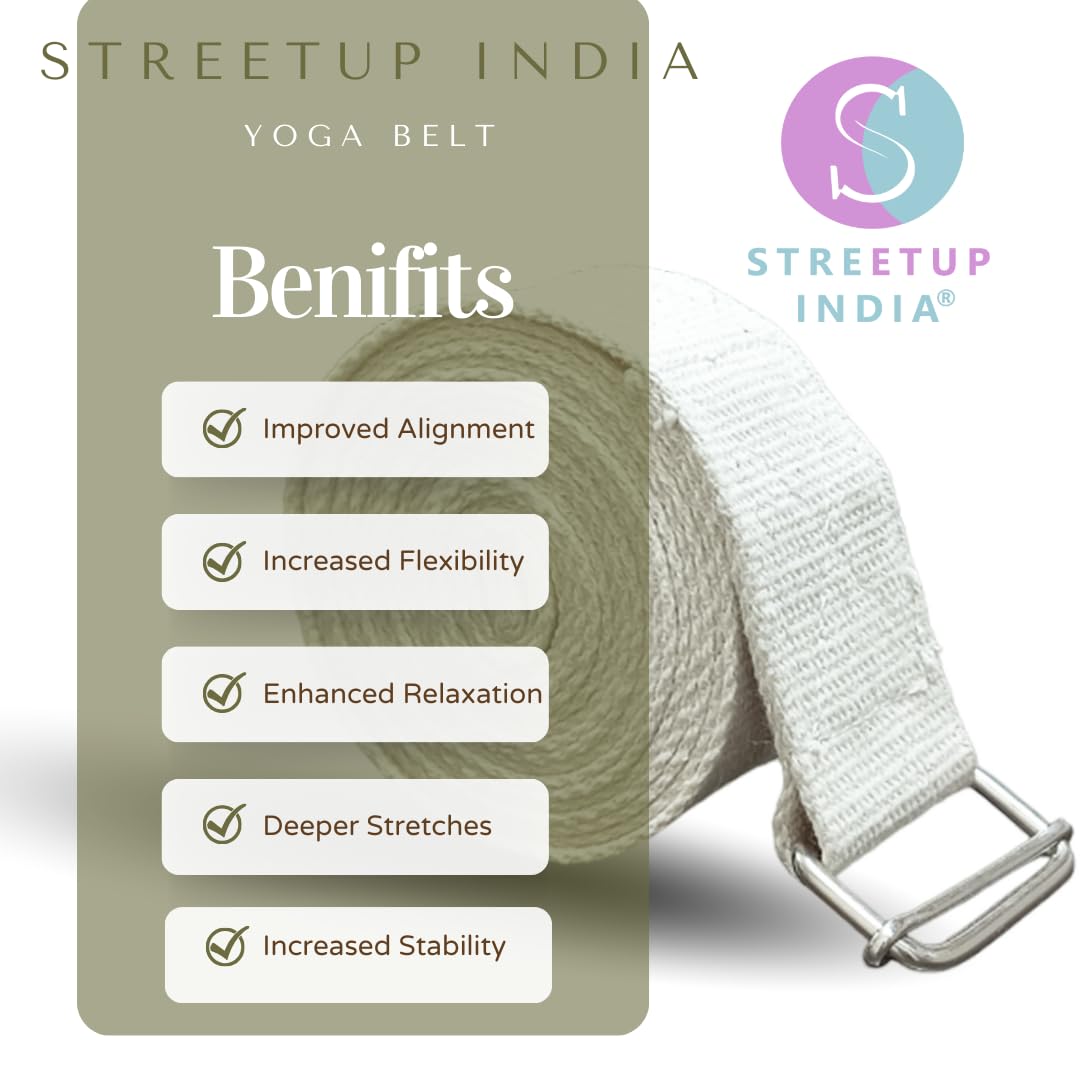 Streetup India® Yoga Belt/Strap 9 Feet For Stretching, Yoga, Pilates, Physical Therapy, Fitness| Pure Cotton White 1