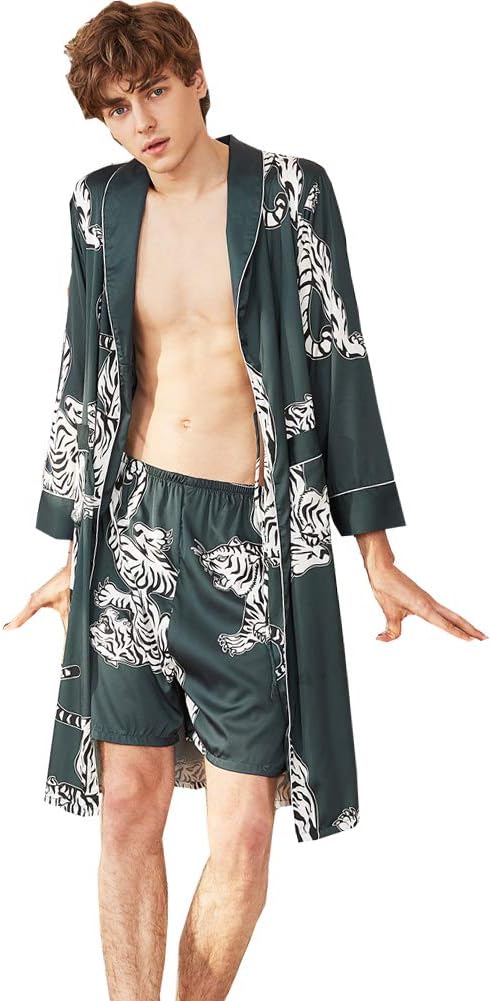 COSOSAMen's Satin Robes with Shorts Lightweight Sleepwear Long Sleeve Kimono Print Bathrobe