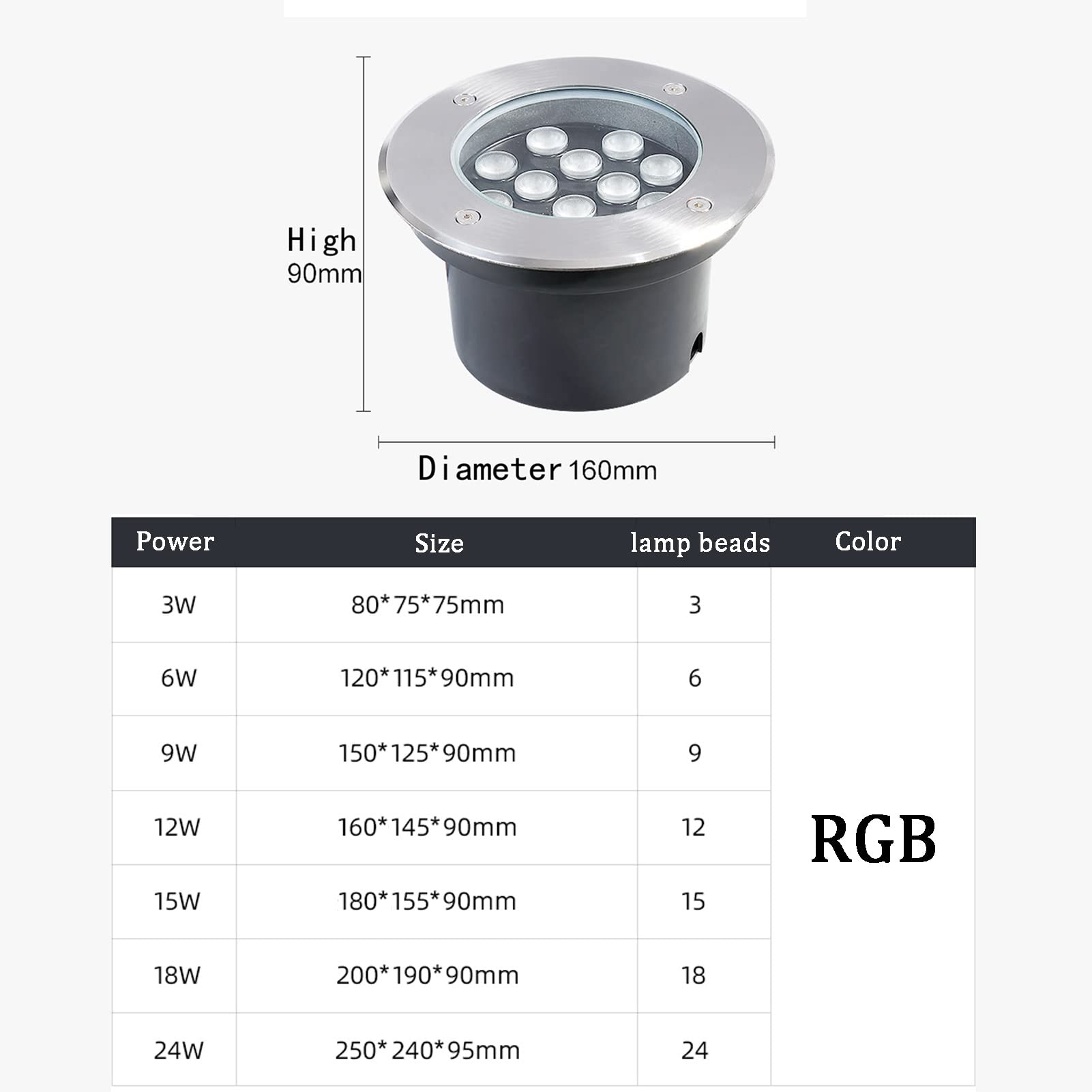 Esterno Faretto, Bassa Tensione AC 12/24V Faretti da Pavimento Anti Ruggine IP67 Impermeabile Incasso Luci del Paesaggio per Deck Giardino Via del Prato (Color : RGB, Size : 12W-AC24V)