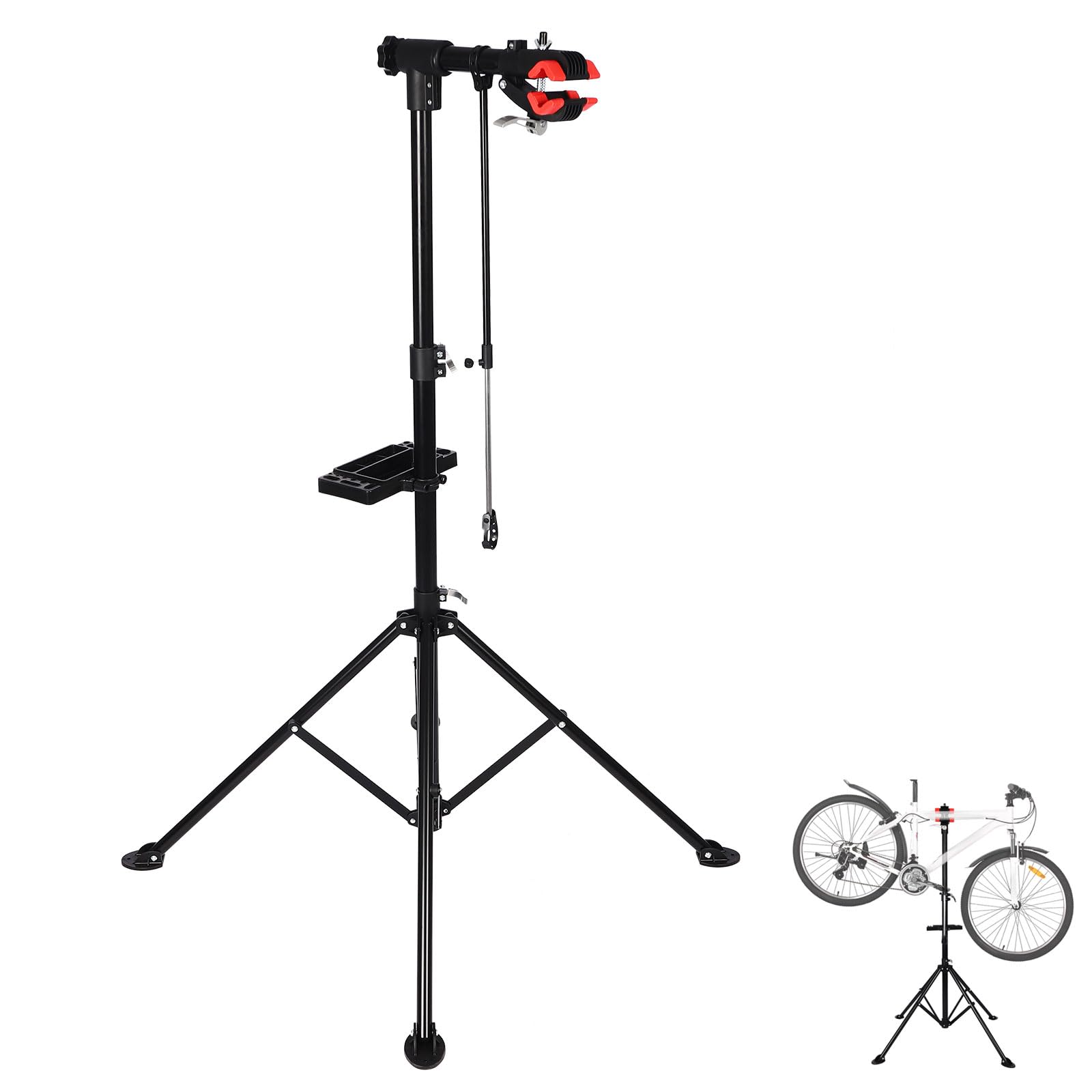 Soporte de montaje para bicicletas, soporte de reparación de bicicletas, ajustable, plegable, soporte de montaje para bicicletas, bandeja magnética para herramientas, 104-159 cm, altura