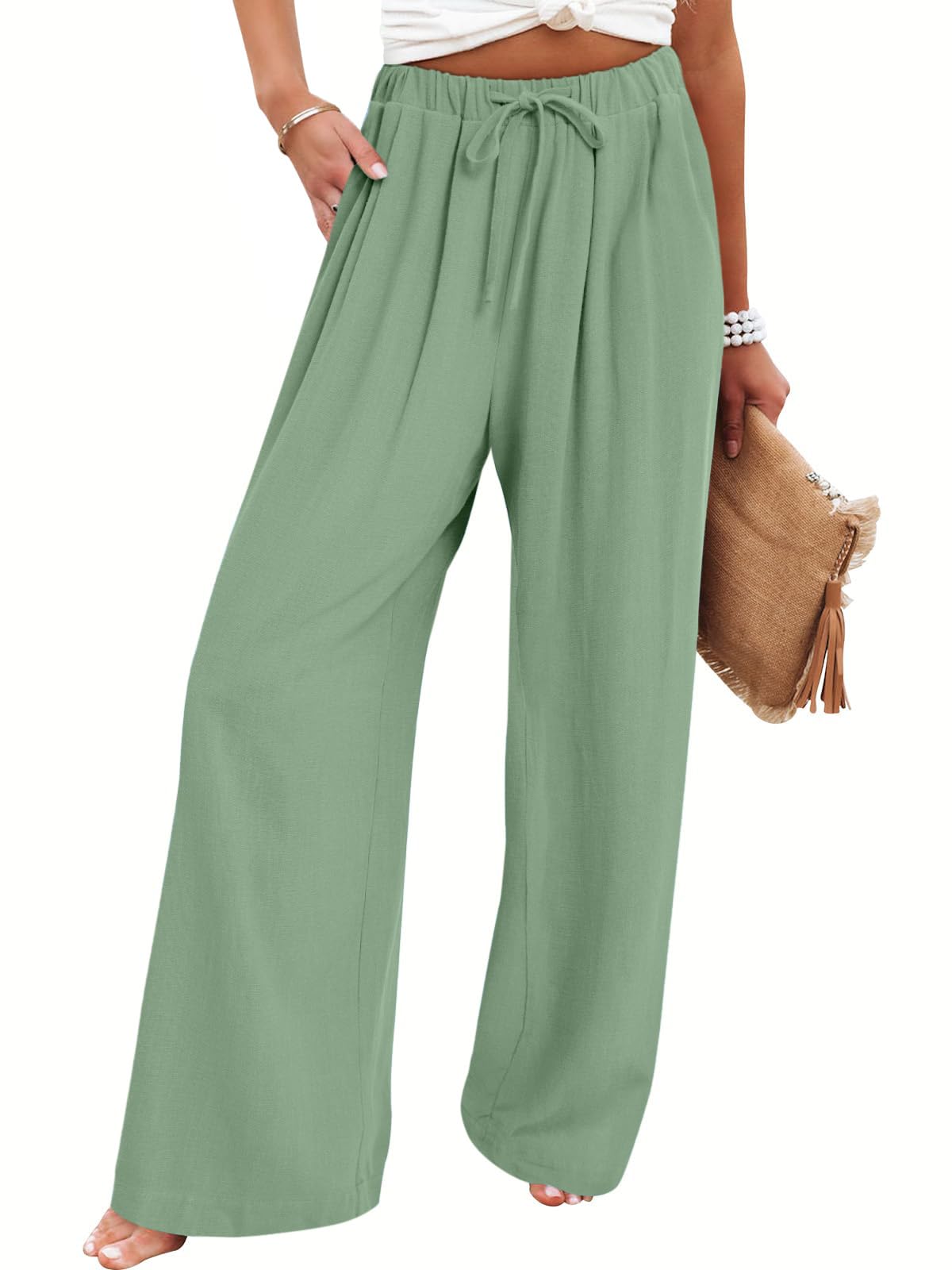 Bloggerlove Linen Palazzo Pants for Women Dressy Summer Wide Leg Flowy Pants Boho Linen Beach Trousers with Pockets