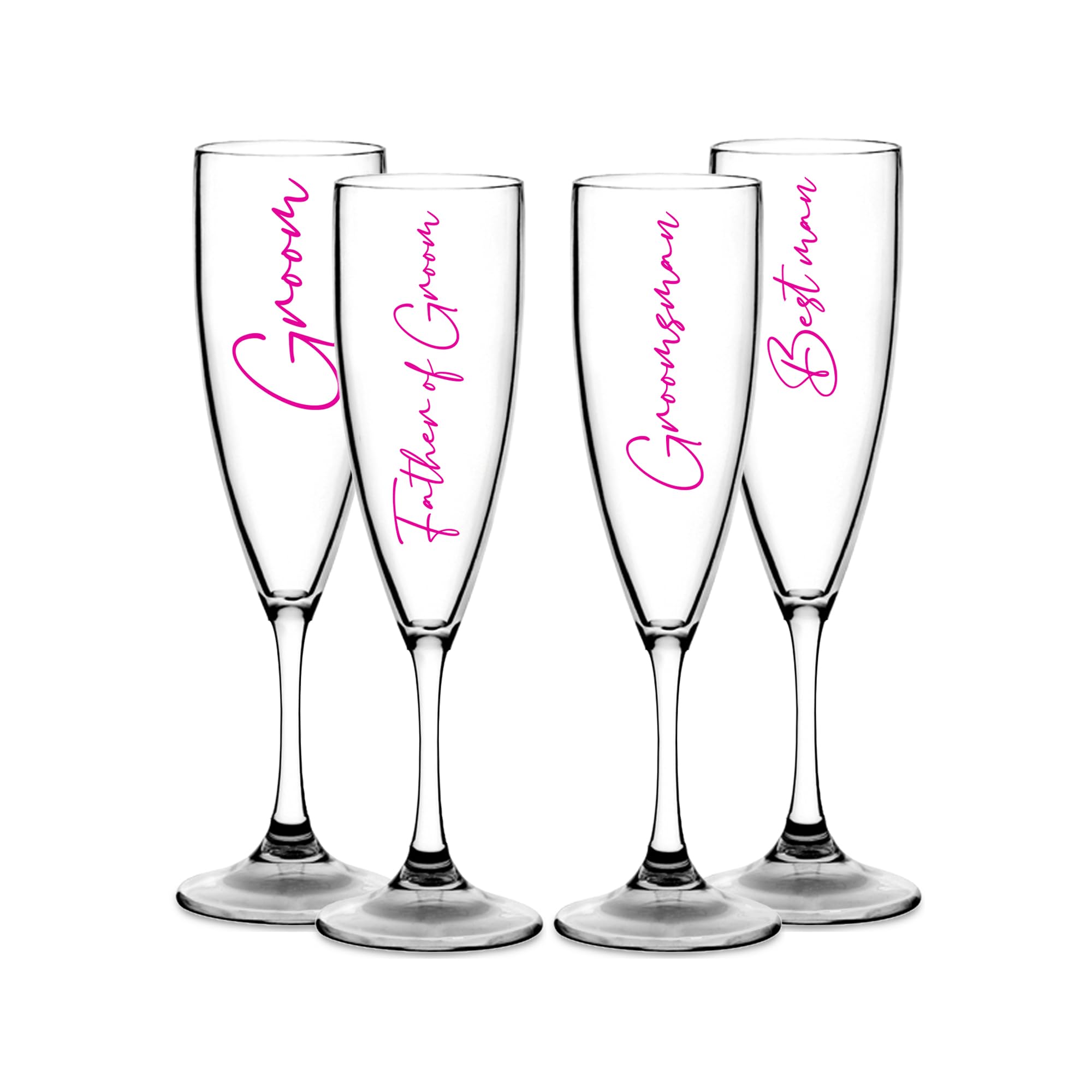 Print Maniacs Champagne Premium Clear Flute Glass Bride Groom Mr Mrs Wedding Maid Honour Wine Cocktail Prosecco Celebrations Gift (Pink, Set of 4 Groom Side Set)