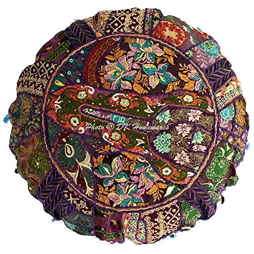 Dk Homewares Indian Traditional Floor Pillow Cover Purple 22 Inch Patchwork Lounger Pouf Ottoman Home Decor Embroidered Vintage Cotton Round Floor Cushions Seating For Adults 22X22 #TOP2