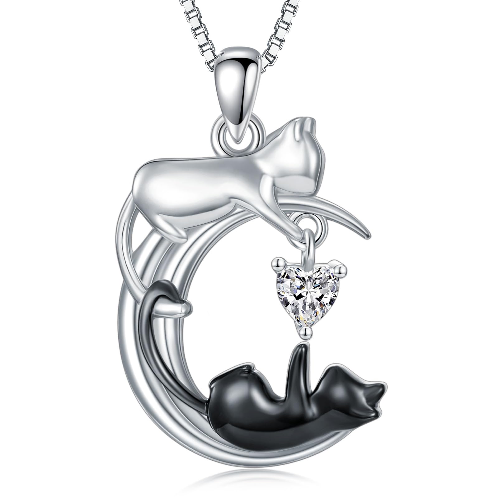 Collar con colgante de luna de gato blanco y negro de plata de ley