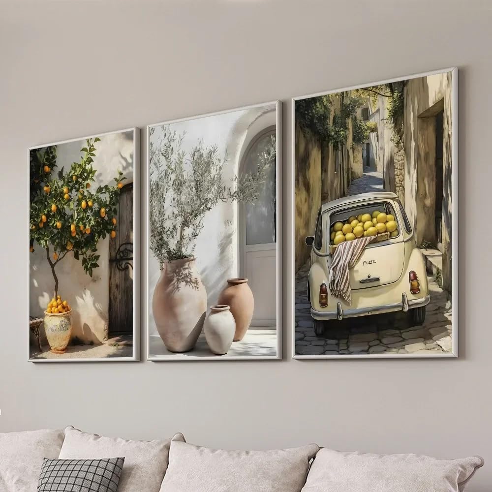 Dittelle Italian Lemon Orange Olive Tree Retro Mediterranean Greece Landscape Poster Canvas Wall Art Prints Home Decor(50x70cm/3PCS Frameless)