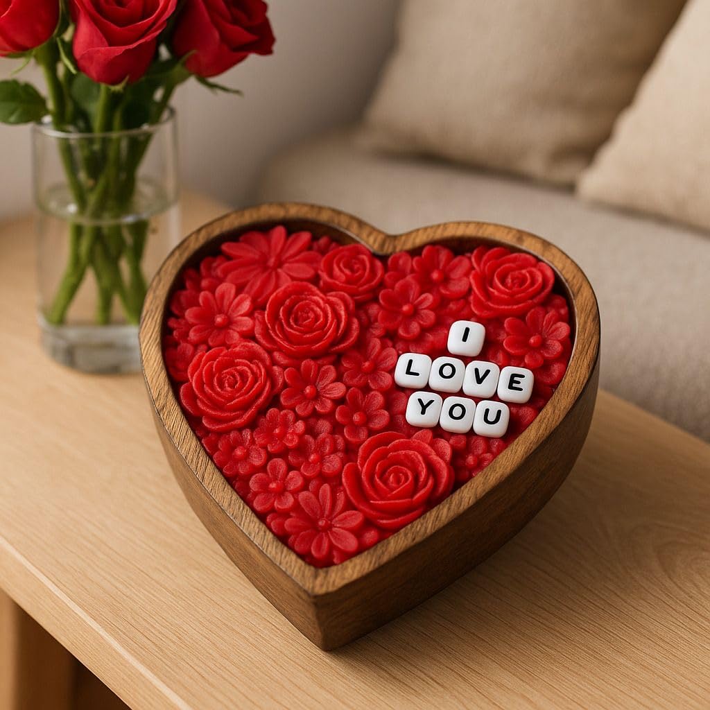 Heart-Shaped Wooden Box with Red Rose Wax Design and I Love You Message, Romantic Decorative Candle Gift-image-47