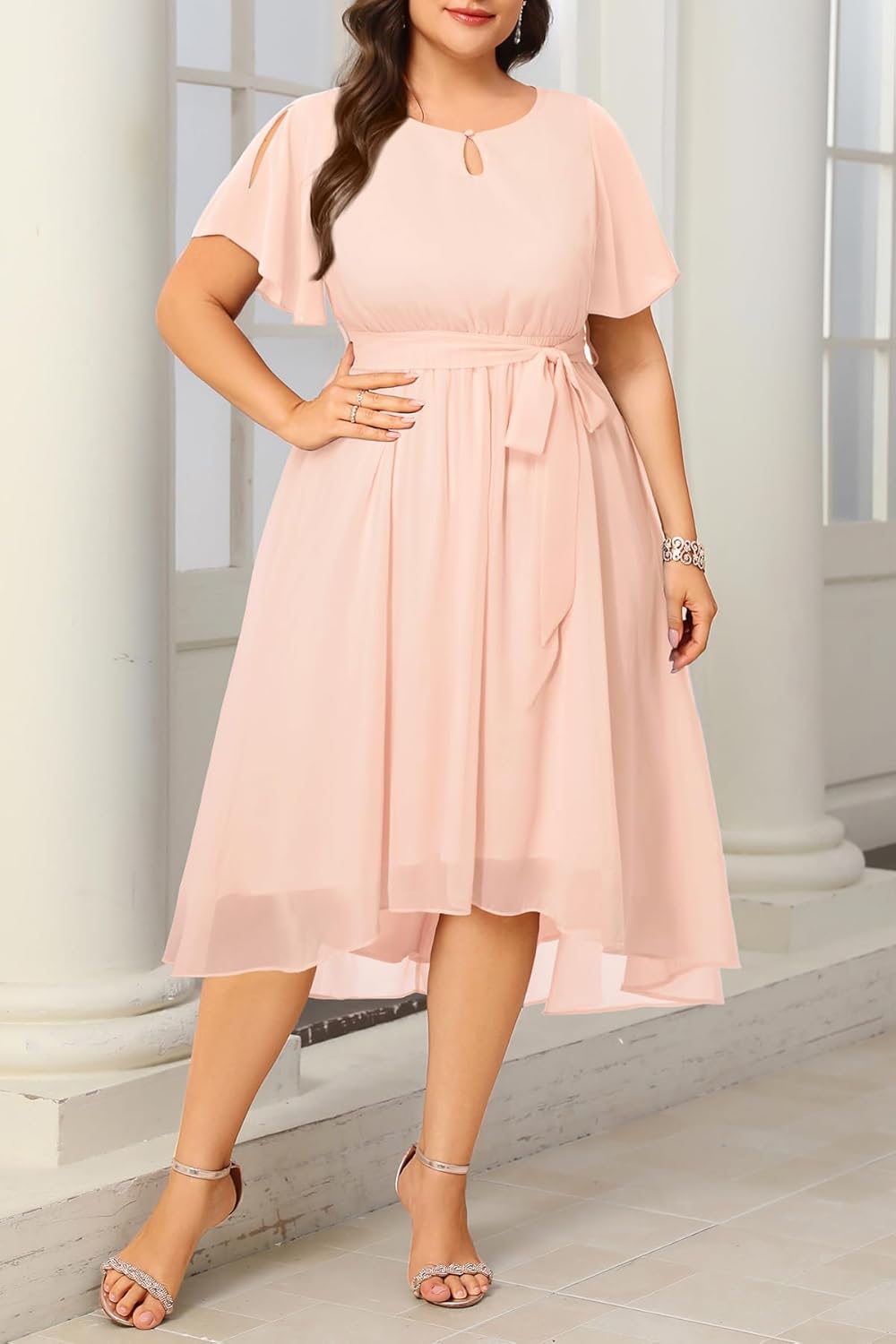 Plus Size Dresses Wedding Guest - Formal Cocktail Chiffon Keyhole Neck Short Sleeve High Low Dress Curvy Women - Image 4
