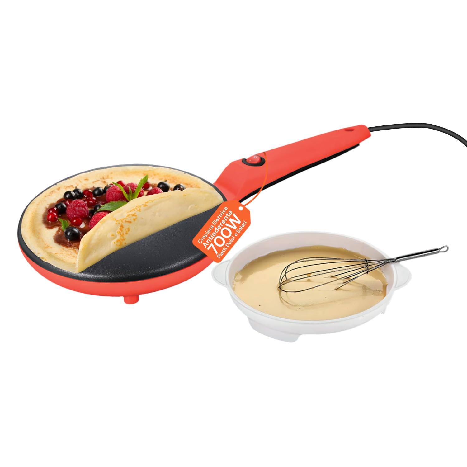 Wintem - Crepiera Elettrica Yummi 600W con Ciotola e Frusta Inclusa, Padella Antiaderente da 20cm Facile da Pulire, Ideale per Preparare Crepes Veloci a Colazione o Merenda in Sicurezza