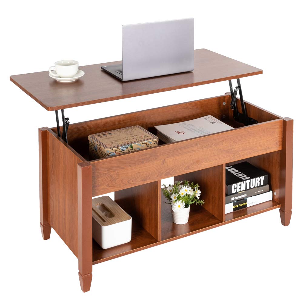 Bonnlo Couchtisch höhenverstellbarer Wohnzimmertisch, rechteckiger Sofatisch mit 2 Ablagen, Kaffeetisch mit offenem und verstecktem Stauraum, 105x 50 x 49 cm, Braun-Eiche