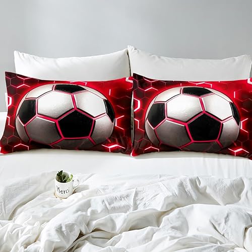 Miniatura 5 de Erosebridal Sábana bajera ajustable de fútbol tamaño matrimonial para niños, juego de ropa de cama decorativa de luz de neón roja, estilo moderno,
