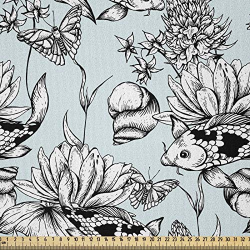 ABAKUHAUS Shabby Chic Microfaser Stoff als Meterware, Teich-Wasser-Blumen, Deko Basteln Polsterstoff Textilien, 2M (230x200cm),Babyblau Weiß Schwarz