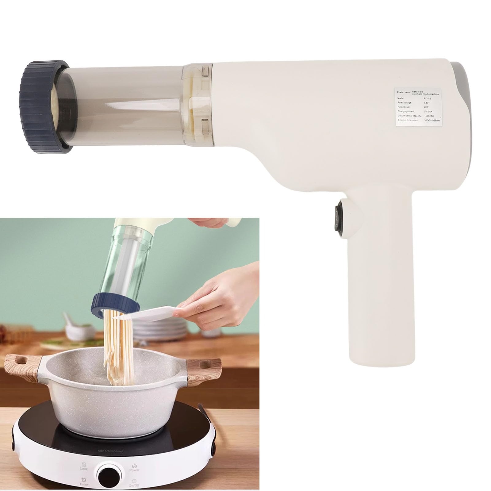 Tnfeeon Máquina para Hacer Pasta Eléctrica de Mano, Máquina para Hacer Fideos Portátil Inalámbrica con Batería Recargable de 1500 MAh, Motor de 40 W, 6 Discos Moldeadores para Cocinar en Familia,