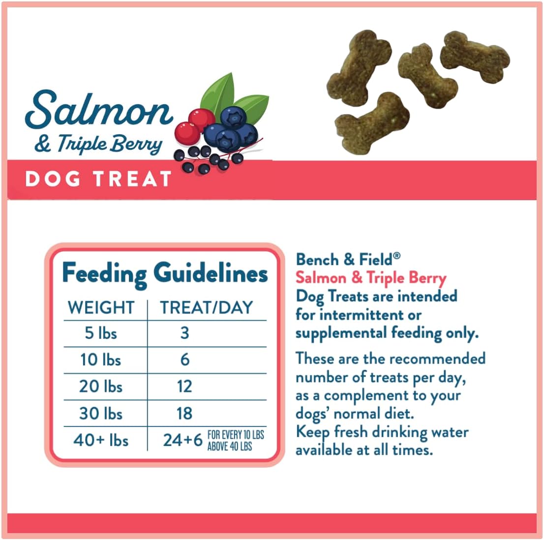 Bench & Field Holistic Natural Salmon & Triple Berry Dog Treats (Pack of 2) | Crunchy Bone-Shaped Bites | Antioxidant Blend, (2) 10-Ounce Bottles