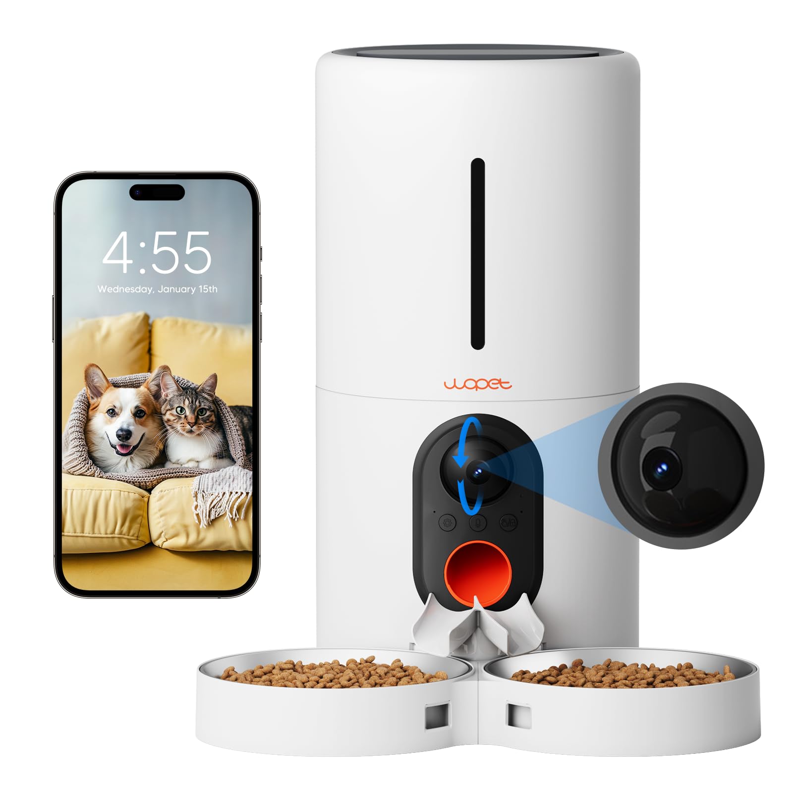 WOPET Automatic Cat Feeder with Camera for Two Cats, 5G WiFi Dog Feeder, 1080p HD Automatic Pet Feeder with Night Vision for Cat & Dog, SD Card Storage & 2-Way Audio