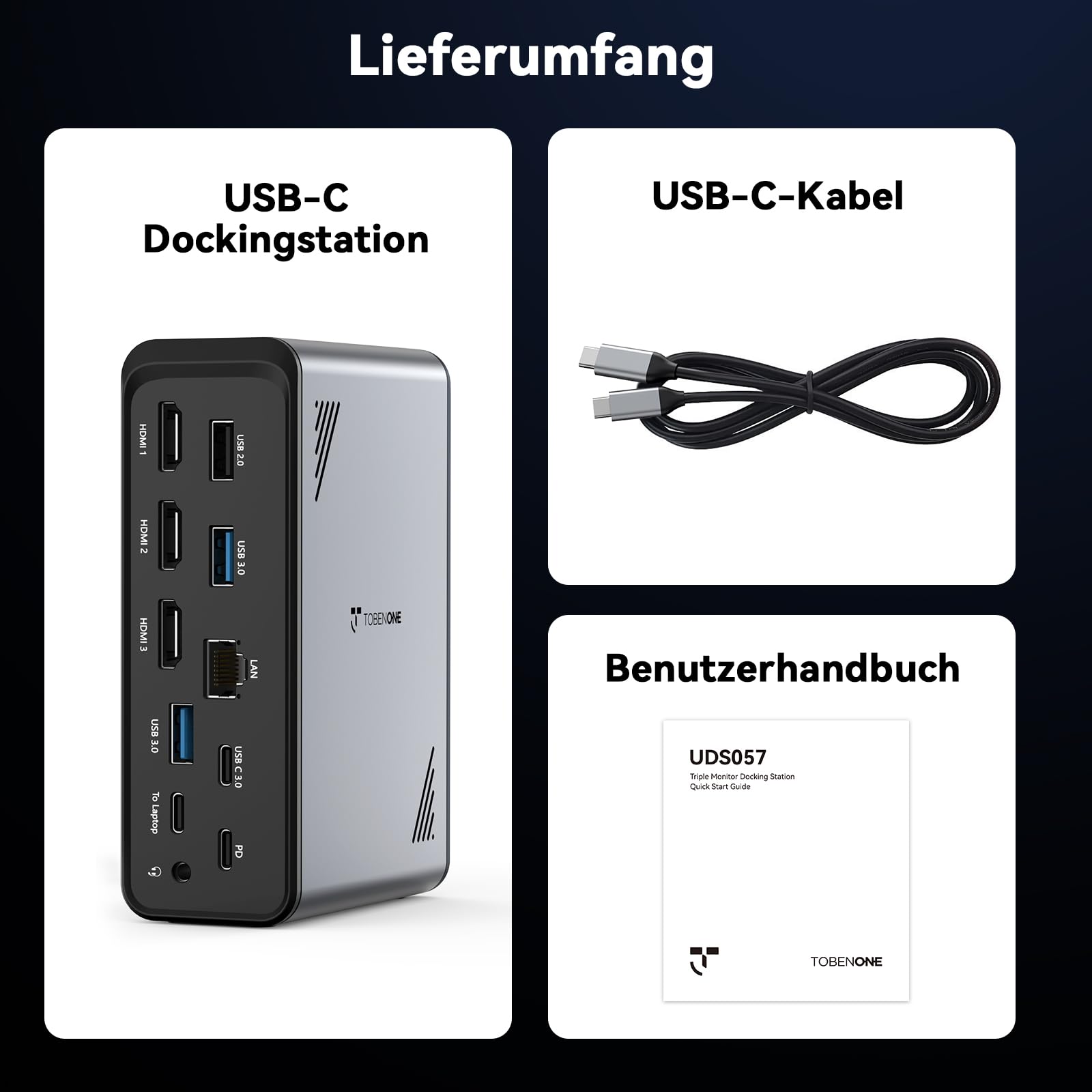 TobenONE 18-in-1 Laptop-Dockingstation mit 3 Monitoren, Dreifach/Doppel 4K | 3 HDMI, 9 USB A/C(Max 5Gbps), RJ45, PD 3.0, Audio, USB-C-Dockingstation für Windows/Dell/Lenovo/HP/ThinkPad, Ohne Netzteil