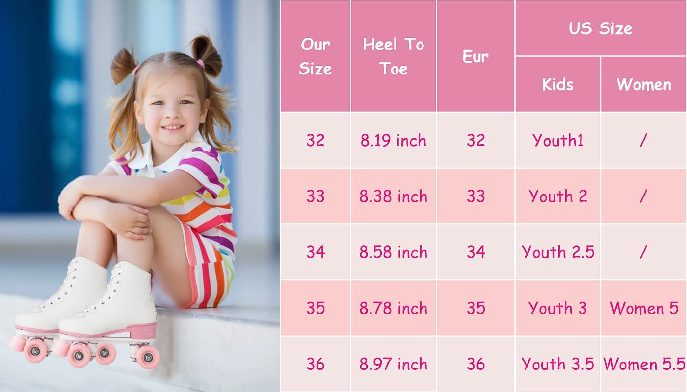 YYW Roller Skates for Girls Light Up Youth Kids Roller Skate Black Pink Double Row Roller Shoes Girl Ages 8-12 Indoor Outdoor
