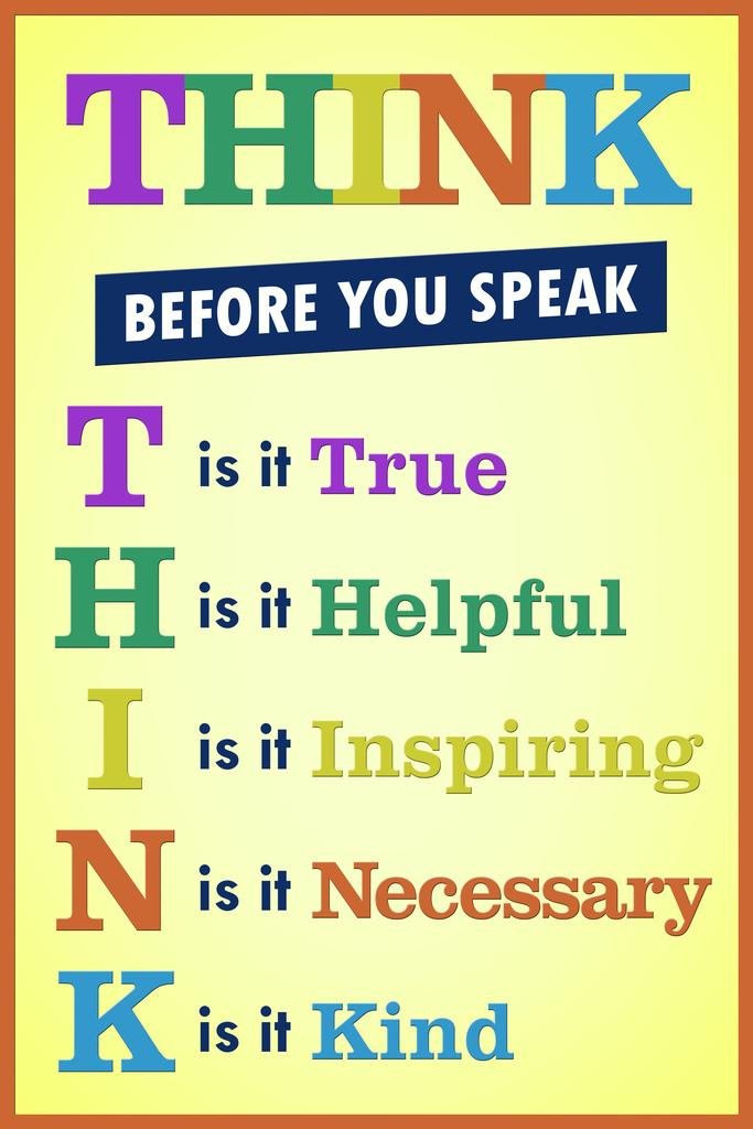 Laminated Think Before You Speak Poster Classroom Educational Teaching Chart Inspirational Motivational Homeschool Learning Yellow Sign Display Poster Dry Erase Wall Art 24x36