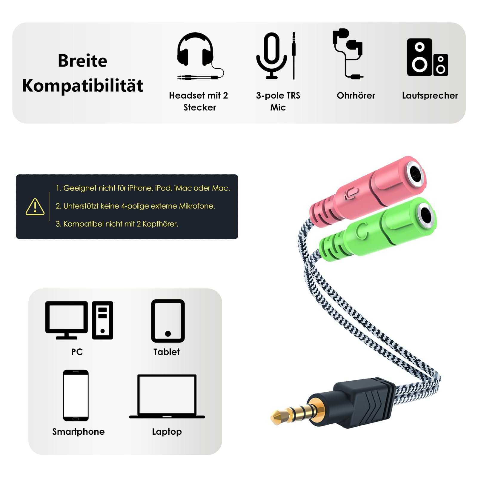 MillSO Adapter słuchawek MillSO 3,5 mm Kabel audio typu Y (3,5 mm męski na 2 x 3,5 mm żeński, nie na 2 słuchawki) odpowiedni do zestawu słuchawkowego do gier komputerowych, smartfona i laptopa
