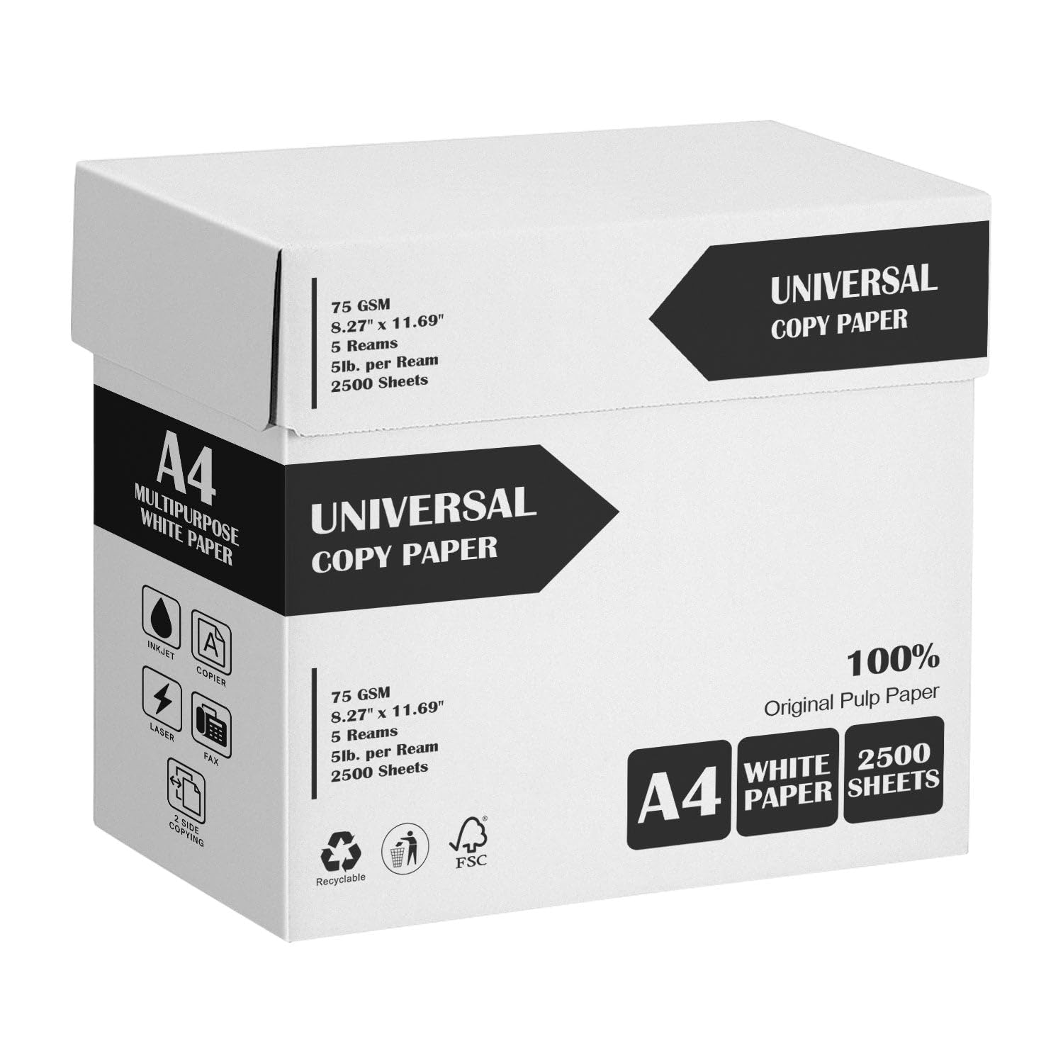 A4 Copy Paper, Multi-Purpose Copy Printer Paper, 2500 Sheets Count, Printer Copiers Paper, Compatible with Laser, Inkjet, Fax Paper, Perfect for Home & Office Use 5 Reams White
