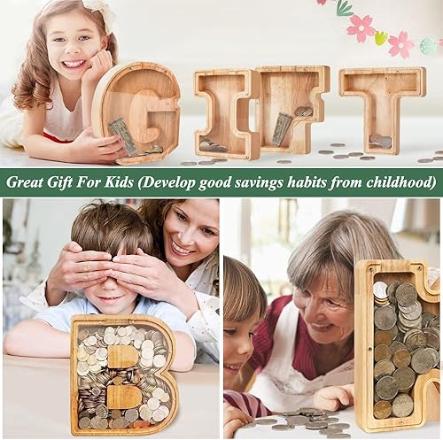 Miniatura 2 de Alcancía de madera personalizada, alcancías grandes para niños, niñas y adultos, 9.1 pulgadas, 26 letras del alfabeto, caja de ahorro de dinero