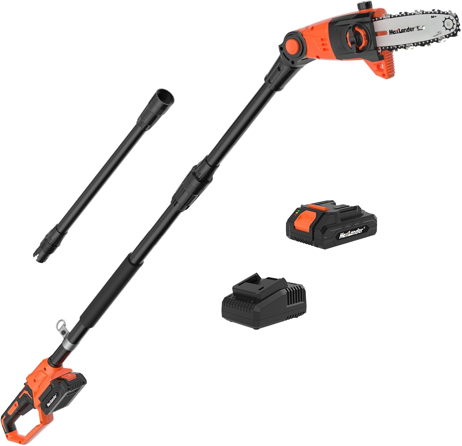 Pole Saw 8-Inch Cordless Pole Saws for Tree Trimming, 15-Feet MAX Reach Electric Pole Saw, 16ft/s Cutting Speed Auto Oiling Multi-Angle Pole Chainsaw with 20V 2.0Ah Battery & Charger 15ft Cordless Pole Saw